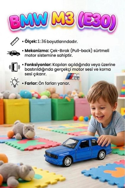 BMW M3 E30! Işıklı Sesli 1:36 Ölçekli Metal Çek-Bırak Mekanizmalı Kapıları Açılabilir Oyuncak Araba