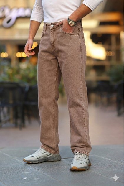 Erkek Eskitilmiş Kahve Baggy Fit Rahat Kalıp Jean Pantolon