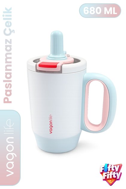 680 ml Single Lid Dual Use Stainless Steel Thermos Mug with Straw and Comfortable Drinking Handle Ffvgn1113-680Ml