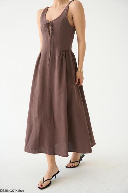 Women's Eyelet Tie-Up Lined Linen Dress with Straps