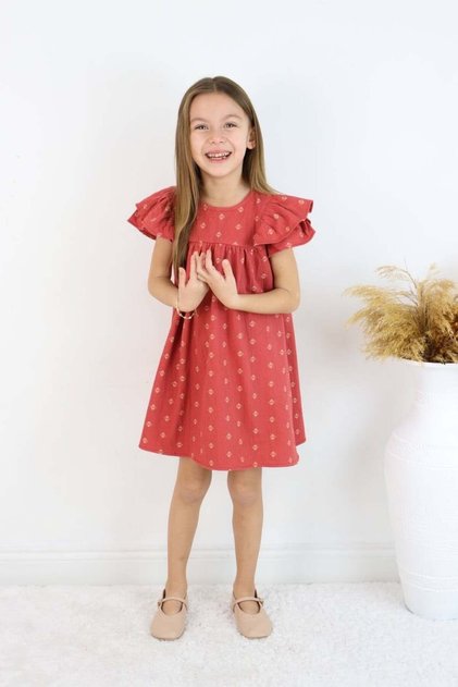 Rochie cu mâneci volane pentru fete, cu model, culoare coral, rochie elegantă de vară