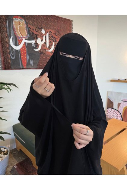 خمار فتحة يد عادي بقماش ليزر كوري سوادة فاحم+نقاب اسلامي