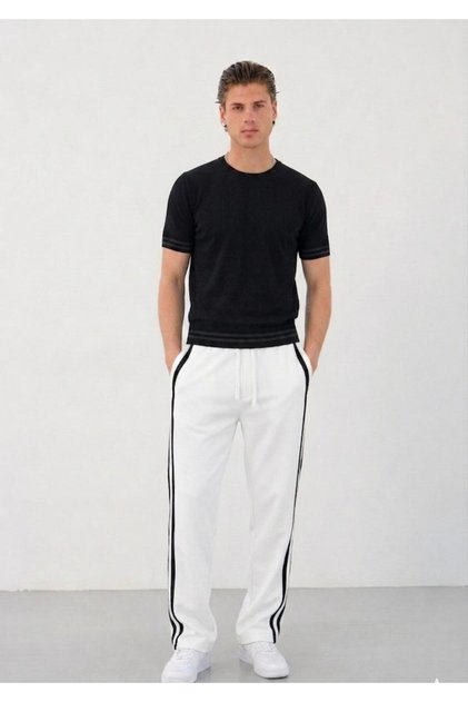 Men's Striped Baggy Pipe Leg Sweatpants with Elastic Waistband