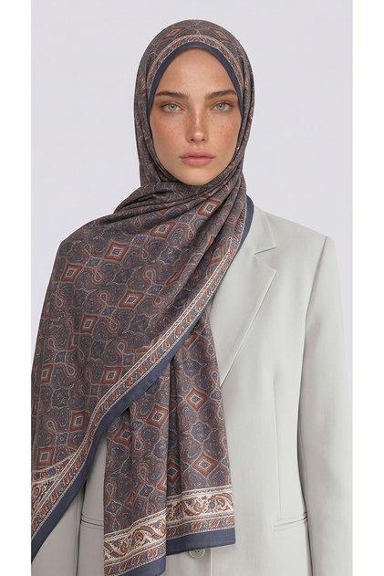 Ahenk Patterned Cotton Shawl - Navy Blue / Taupe