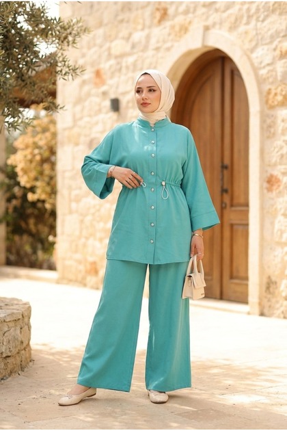 Women's Waist Gathered Stone Buttoned Hijab Double Set