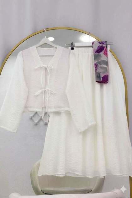 Muslin Textured Tie-Waist Skirt Set White