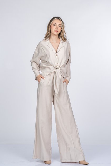 Women's Summer Stone Carmina Elegant Front Tie Detailed Jacket Collar Blouse and Pantoon Set Stylish Daily Casual Two-Piece 1323