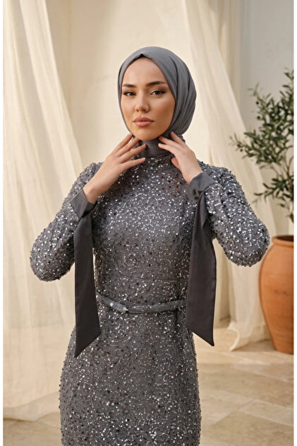 sefamerve Beaded Tulle Hijab Evening Dress 5730-06 Gray- Trendyol