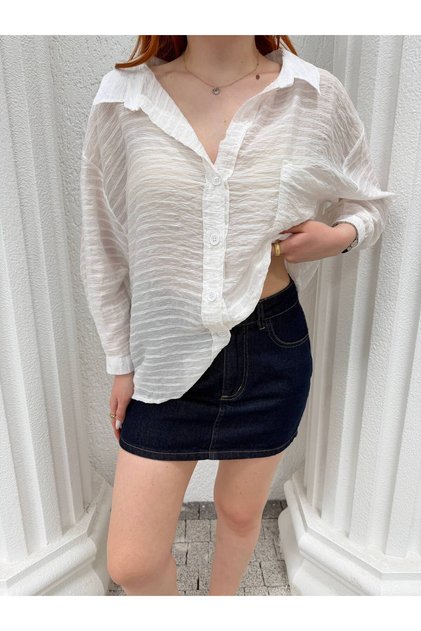 Women's Single Pocket Oversize Shirt Loose Long Sleeve Summer Casual Shirt
