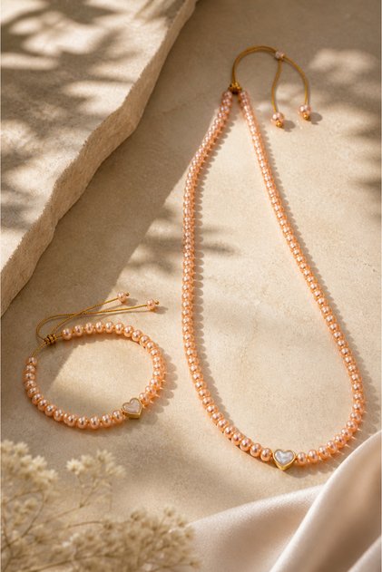Certified Real Salmon Pearl Heart Detailed Drawstring Adjustable Women's Necklace and Bracelet Jewelry Set - Elegant Design
