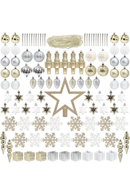 Set de 115 decorațiuni pentru bradul de Crăciun, globuri de Crăciun tip șampanie, din plastic incasabil, include vârf de brad, globuri, fulgi de zăpadă, stele, conuri de brad, ghirlande cu mărgele.