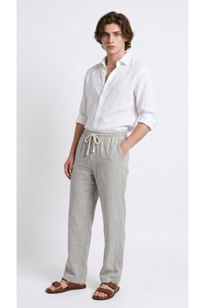 Men's Gray Comfortable Fit Linen Muslin Trousers Lightweight Casual Thin Fabric with Back Pockets