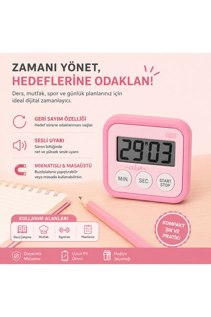 Kronometreli Ders Çalışma Saati -Dijital Kronometre|Sesli Uyarı – Mıknatıslı & Masaüstü Zamanlayıcı
