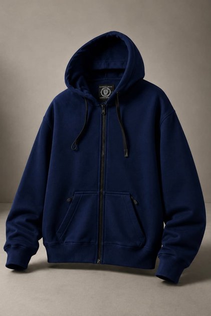 Unisex Oversize 3 Thread Raster Zippered Hoodie Sweatshirt My3535 - Navy Blue