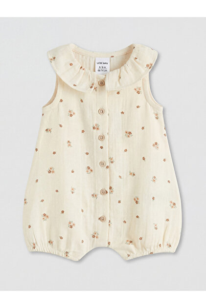 Baby Girl Muslin Jumpsuit with Printed Collar