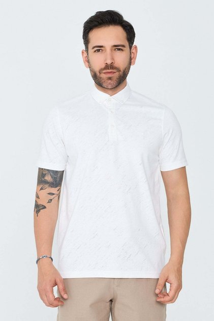 White Micro Patterned Buttoned Men's Polo Collar T-Shirt