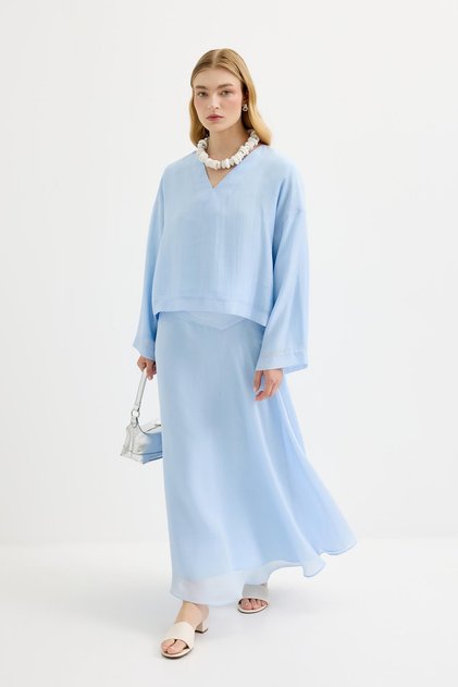 Flowy V-Neck Tencel Blouse Skirt Set Light Blue