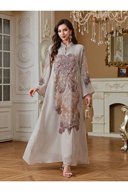jalabiya loose dresses Al Najma Plus Size Elegant Faux Pearl Embroidered Detail Loose Dress,  Autumn Kaftan Jalabiya Dress