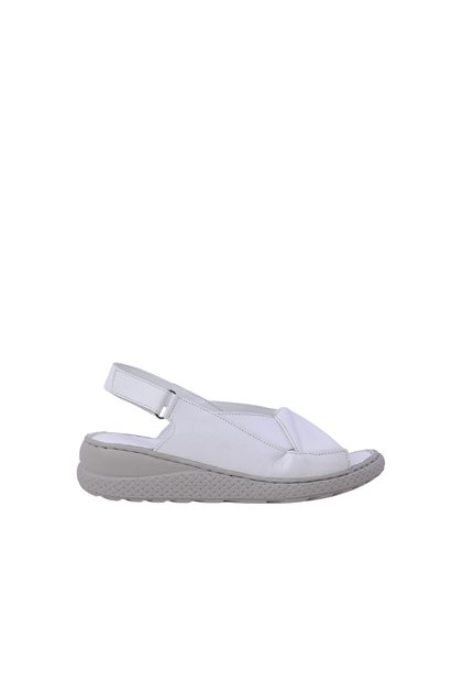 Women's Wedge Heeled Sandals with Velcro Fastening in White Genuine Leather