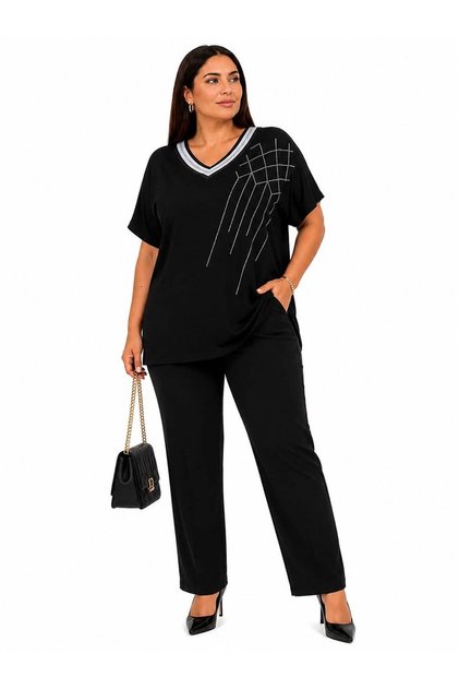 Large Size Stoned Viscose T-Shirt Black