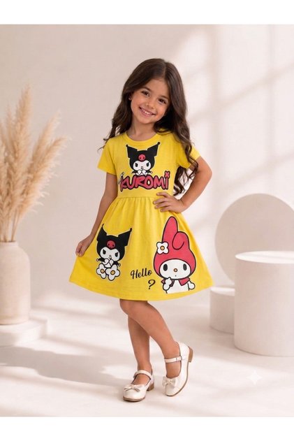 Girls' Yellow Kuromi Printed 100% Cotton Combed Cotton Dress