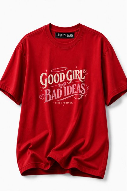 Women's Good Girl Printed Oversize 100% Cotton T-Shirt Comfortable Fit T-Shirt - Red