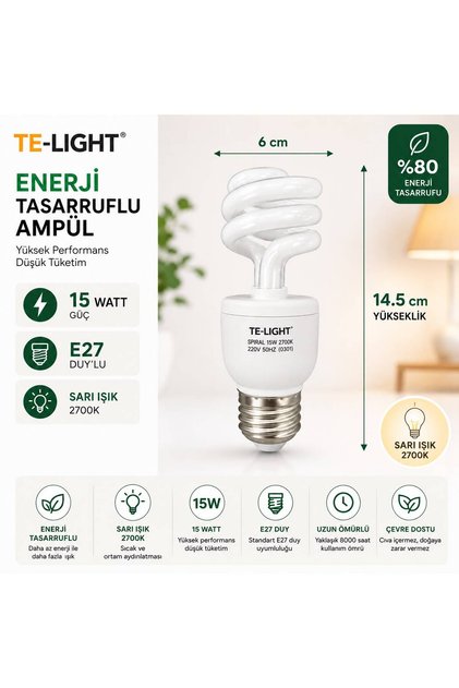 15 Watt | Tasarruflu Ampül | Sarı Işık | E27 Duy'lu