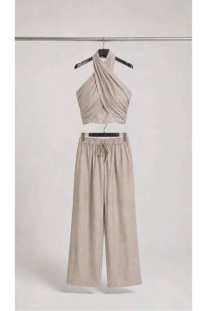 TENSEL DENİM HALTER YAKA BLUZ TAKIM