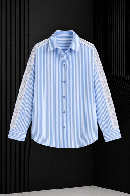 Blue and White Striped Cotton Shirt with Lace Detail