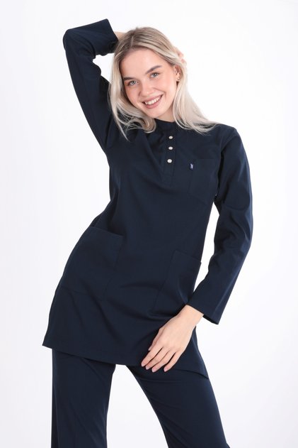 Hijab-Friendly Single Top, Karya Lycra Women's Nurse and Doctor Uniform Scrubs Single Top - Navy Blue
