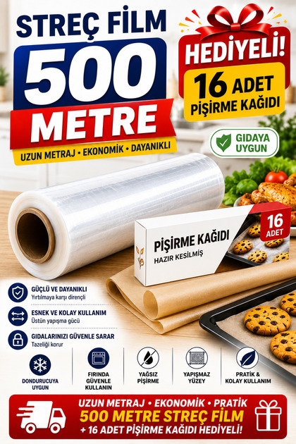 500 Metre Gıda Streç Film + 16 Adet Hazır Kesilmiş Pişirme Kağıdı Hediyeli Şeffaf Streç Film Ekonomik Paket