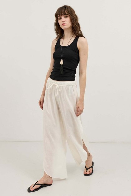 Ecru Linen Blend Slit Women's Trousers