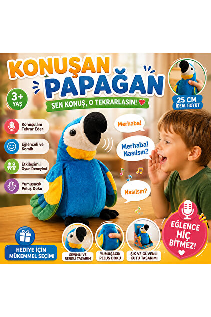Konuşulanı Tekrarlayan Eğlenceli İnteraktif Oyuncak Papağan Peluş 25 CM MAVİ