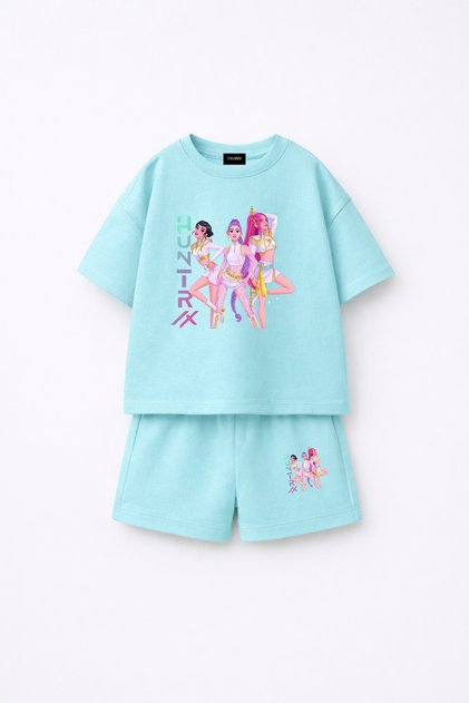 Kpop Demon Hunters Huntrix Zoey Rumi Mira Printed Oversize 100% Cotton T-Shirt Shorts Kids Set