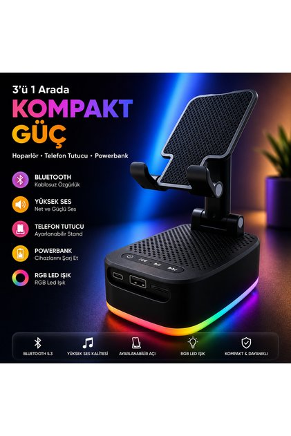RGB LEDLİ 3 IN 1 TELEFON TUTUCU POWERBANK VE BLUETOOTH HOPARLÖR ÖZELLİKLİ TF KART VE USB BELLEK DESTEKLİ TAŞINABİLİR TELEFON TUTU
