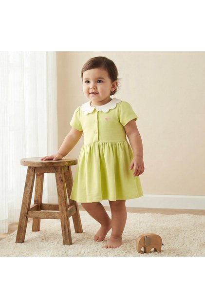 Scalloped Collar Short Sleeves A-line Dress with Heart Embroidery