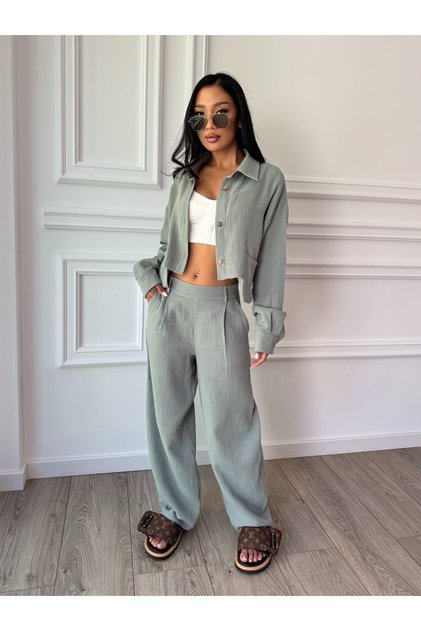 Compleu din muselină SANTORINI LOVE, cămașă scurtă și pantaloni largi
