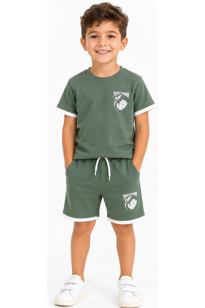 Boy's Green Color Shorts Set with Ticket Moon Written and Rocket Pattern on the Sleeves and Shorts