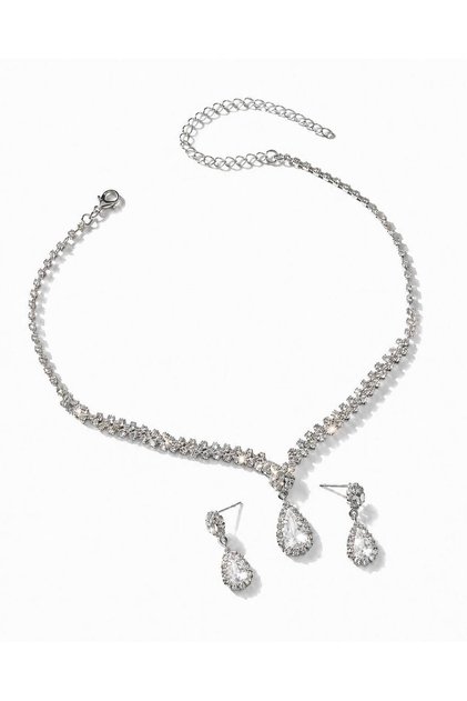 Women's Fashion Silver Color 3-Piece Accessories Set, Includes Necklace and Earrings with White Shiny Rhinestones, Suitable for Parties and Evening Events, Not Including Packaging.
