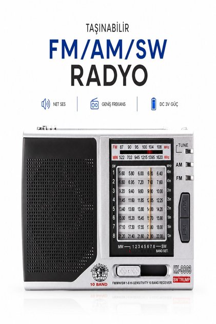 KK-9803 10 Bantlı Dünya Radyosu FM MW SW Çok Bantlı Taşınabilir Cep Radyosu Deprem Çantası Acil Durum Kamp Radyosu 2xAA Pilli