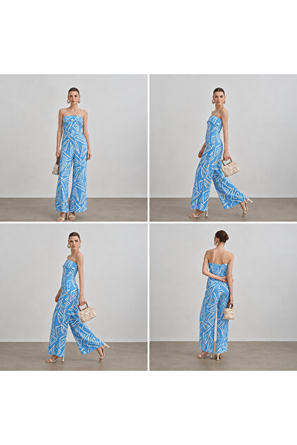 Geometric Patterned Strapless Cotton Jumpsuit