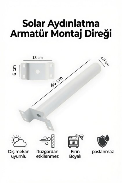 Solar Aydınlatma Armatür Montaj Direği 46 cm Fırın Boyalı Paslanmaz Dış Mekan Bahçe Duvar Direği