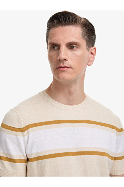 Cacharel Bej Slim Fit Bisiklet Yaka Keten Karışımlı Triko T-shirt