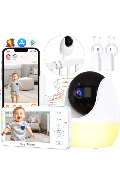 Monitor bebeluși WiFi 4.3 ", Full HD 1080P, Aplicație pentru telefon, Viziune nocturnă, VOX, Cameră rotativă, Alb