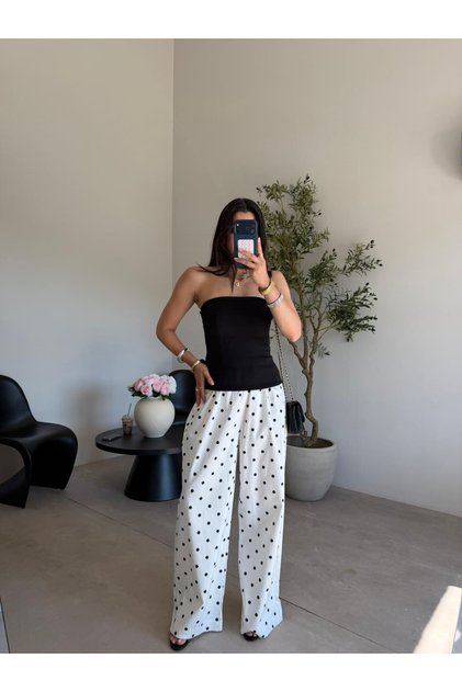 Ecru Elastic Waist Polka Dot Trousers