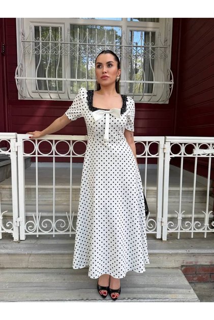 Square Neck Lace Detailed Bow Dress in White Color