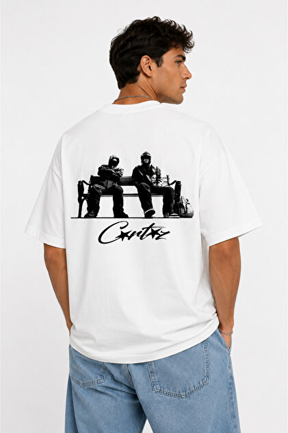 Unisex Corti̇ez Double Man and Bank Back Pattern Printed Oversize Thick Fabric Relaxed Cut Cotton T-Shirt