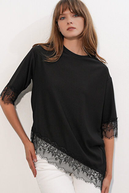 Women's Lace Detailed Oversize Blouse 1532 - Black