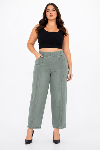 Plus Size Akar Fabric High Waist Stoned Wide Leg Women's Trousers