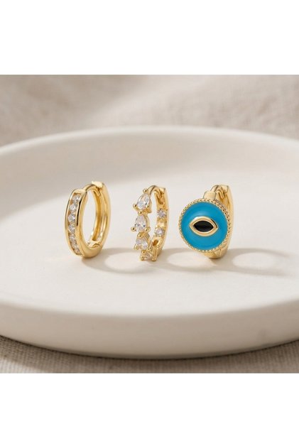 Xuping 3-Piece Hoop Earrings, Zircon Stone and Enamel Detail, Cartilage Compatible, Minimalist